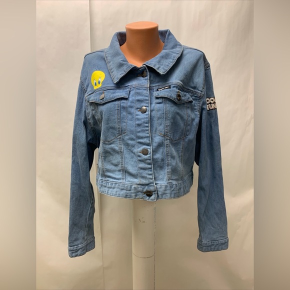 Looney Tunes Adult's Members Only Jean Jacket Sylvester tweety bird cropped 2X - Picture 8 of 16